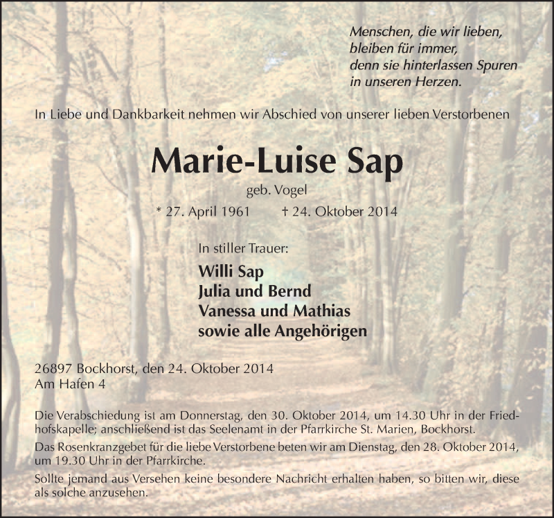  Traueranzeige für Marie-Luise Sap vom 27.10.2014 aus Neue Osnabrücker Zeitung GmbH & Co. KG