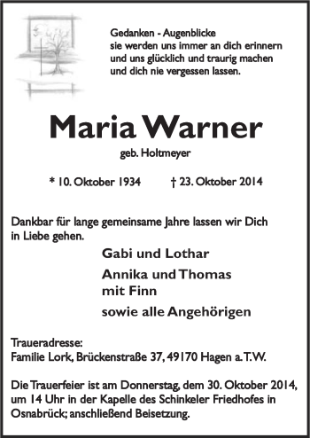 Traueranzeige von Maria Warner von Neue Osnabrücker Zeitung GmbH & Co. KG