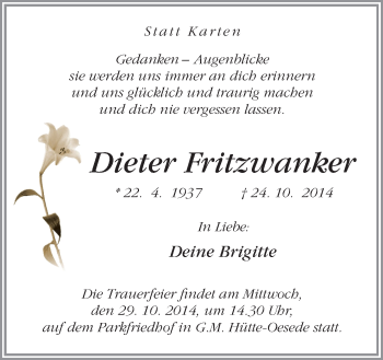 Traueranzeige von Dieter Fritzwanker von Neue Osnabrücker Zeitung GmbH & Co. KG