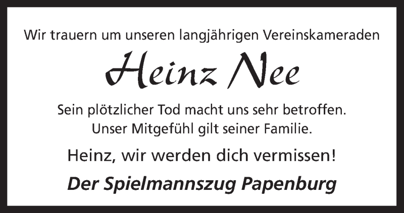  Traueranzeige für Heinz Nee vom 29.10.2014 aus Neue Osnabrücker Zeitung GmbH & Co. KG