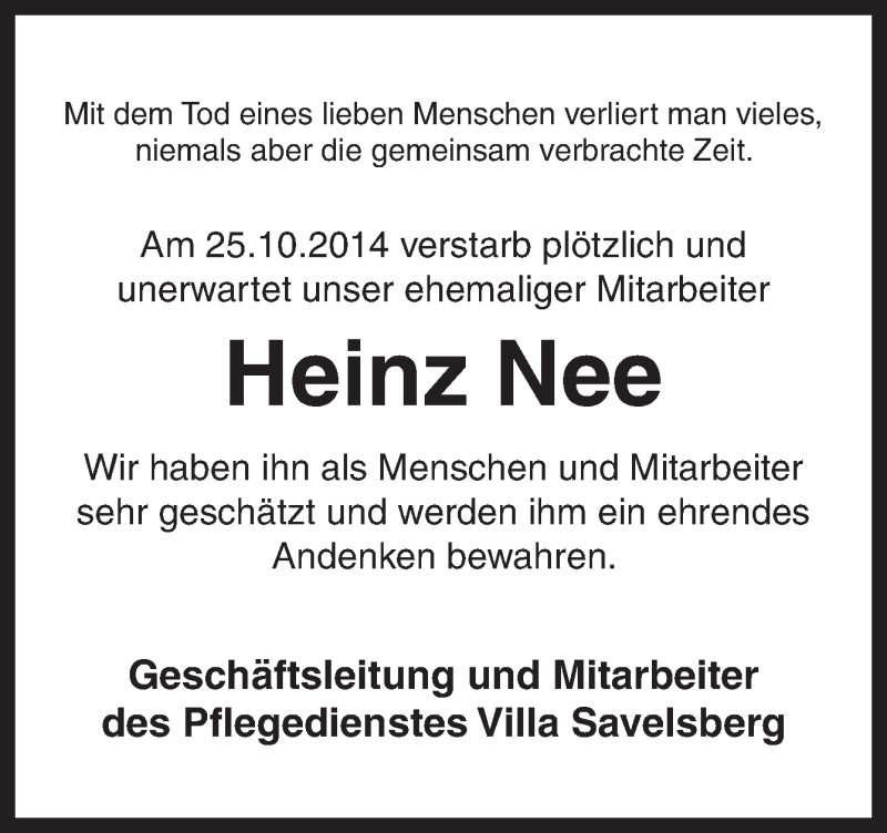  Traueranzeige für Heinz Nee vom 29.10.2014 aus Neue Osnabrücker Zeitung GmbH & Co. KG