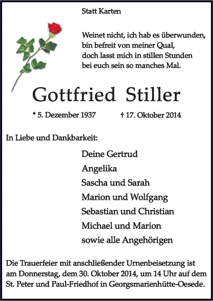  Traueranzeige für Gottfried Stiller vom 28.10.2014 aus Neue Osnabrücker Zeitung GmbH & Co. KG