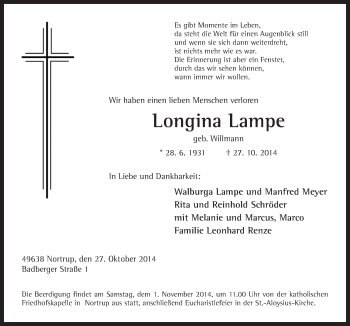 Traueranzeige von Longina Lampe von Neue Osnabrücker Zeitung GmbH & Co. KG