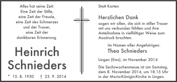 Traueranzeige von Heinrich Schieders von Neue Osnabrücker Zeitung GmbH & Co. KG