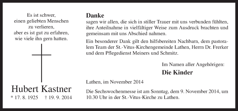  Traueranzeige für Hubert Kastner vom 05.11.2014 aus Neue Osnabrücker Zeitung GmbH & Co. KG