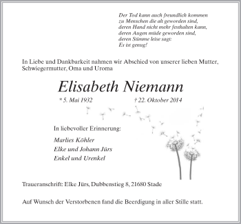 Traueranzeige von Elisabeth Niemann von Neue Osnabrücker Zeitung GmbH & Co. KG