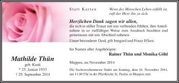 Traueranzeige von Mathilde Thün von Neue Osnabrücker Zeitung GmbH & Co. KG