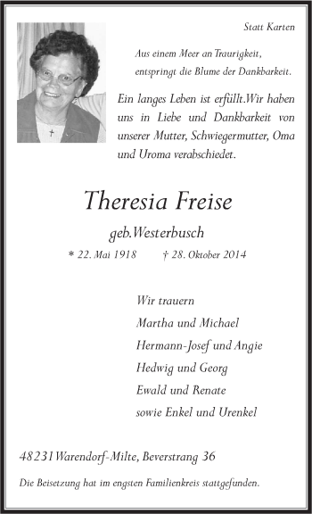 Traueranzeige von Theresia Freise von Neue Osnabrücker Zeitung GmbH & Co. KG