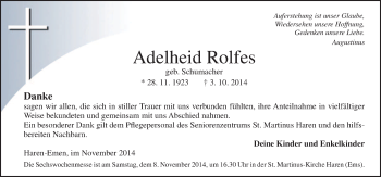 Traueranzeige von Adelheide Rolfes von Neue Osnabrücker Zeitung GmbH & Co. KG