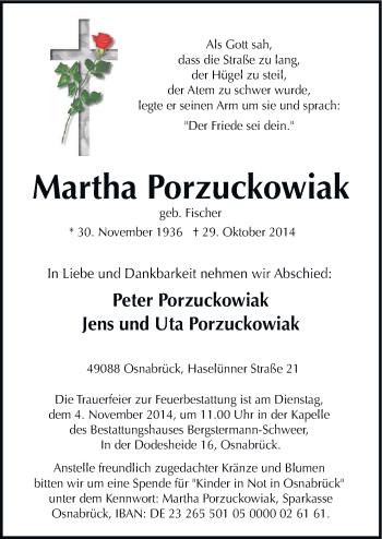 Traueranzeige von Martha Porzuckowiak von Neue Osnabrücker Zeitung GmbH & Co. KG