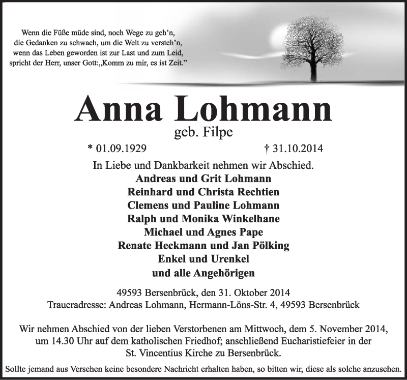  Traueranzeige für Anna Lohmann vom 03.11.2014 aus Neue Osnabrücker Zeitung GmbH & Co. KG