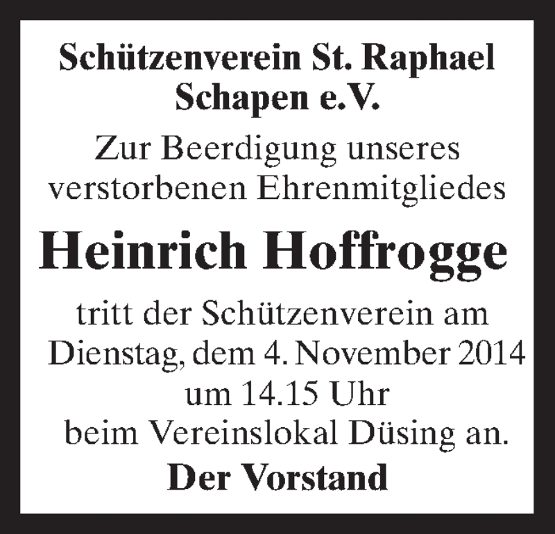  Traueranzeige für Heinrich Hoffrogge vom 03.11.2014 aus Neue Osnabrücker Zeitung GmbH & Co. KG