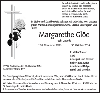 Traueranzeige von Margarethe Glöe von Neue Osnabrücker Zeitung GmbH & Co. KG