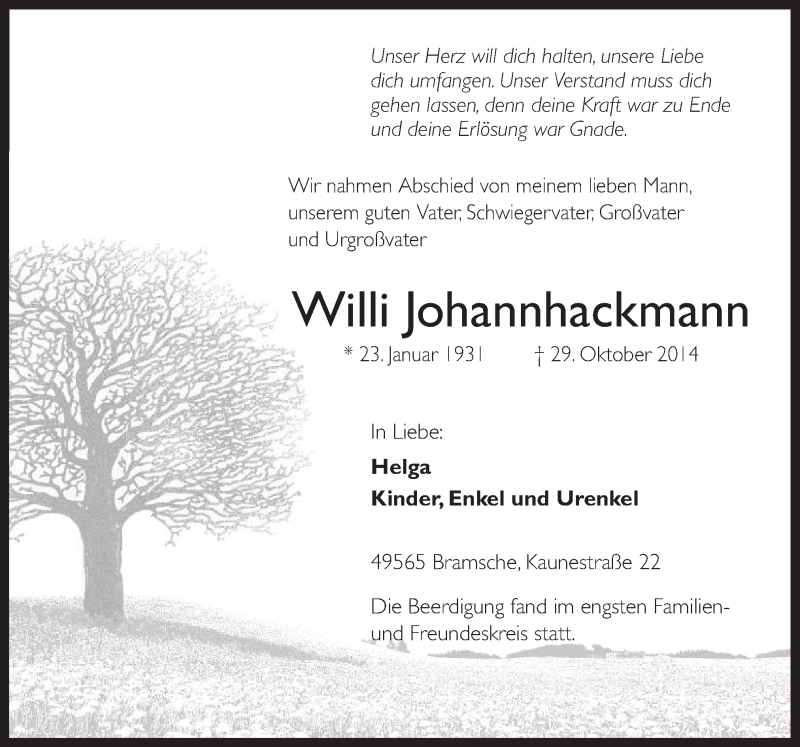  Traueranzeige für Willi Johannhackmann vom 05.11.2014 aus Neue Osnabrücker Zeitung GmbH & Co. KG