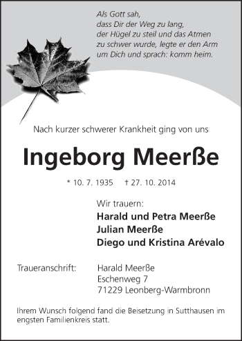 Traueranzeige von Ingeborg Meerße von Neue Osnabrücker Zeitung GmbH & Co. KG