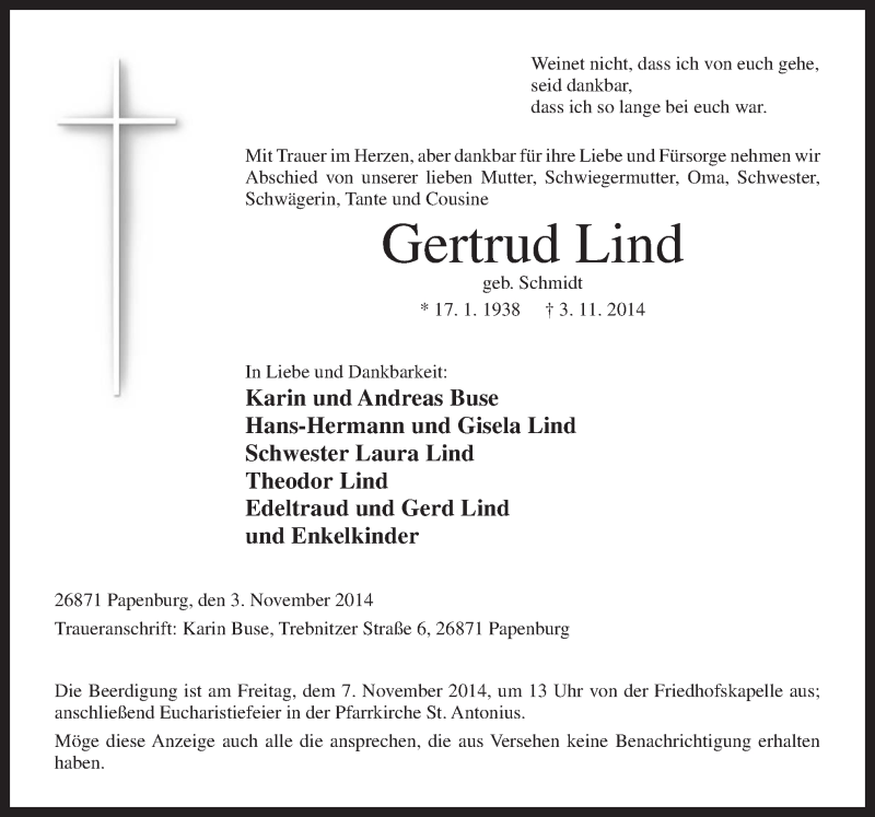  Traueranzeige für Gertrud Lind vom 04.11.2014 aus Neue Osnabrücker Zeitung GmbH & Co. KG