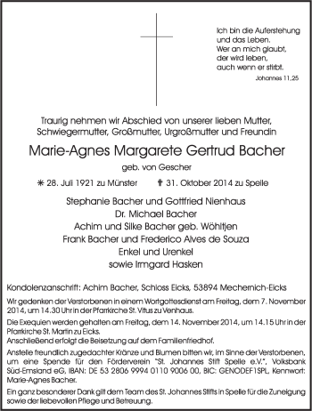 Traueranzeige von Marie-Agnes Margarete Gertrud Bacher von Neue Osnabrücker Zeitung GmbH & Co. KG