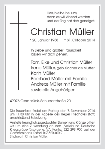 Traueranzeige von Christian Müller von Neue Osnabrücker Zeitung GmbH & Co. KG