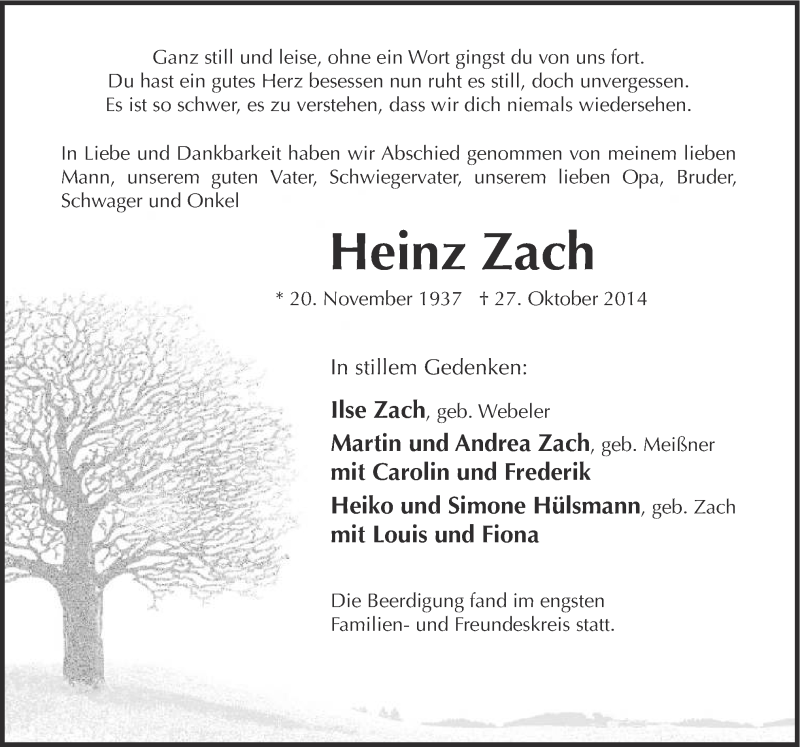  Traueranzeige für Heinz Zach vom 05.11.2014 aus Neue Osnabrücker Zeitung GmbH & Co. KG