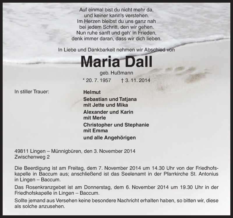  Traueranzeige für Maria Dall vom 05.11.2014 aus Neue Osnabrücker Zeitung GmbH & Co. KG