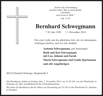 Traueranzeige von Bernhard Schwegmann von Neue Osnabrücker Zeitung GmbH & Co. KG