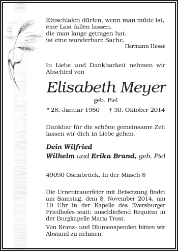 Traueranzeige von Elisabeth Meyer von Neue Osnabrücker Zeitung GmbH & Co. KG