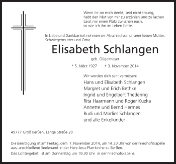 Traueranzeige von Elisabeth Schlangen von Neue Osnabrücker Zeitung GmbH & Co. KG