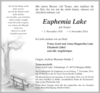 Traueranzeige von Euphemia Lake von Neue Osnabrücker Zeitung GmbH & Co. KG