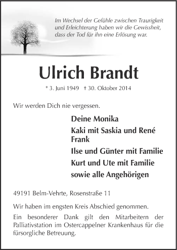 Traueranzeige von Ulrich Brandt von Neue Osnabrücker Zeitung GmbH & Co. KG