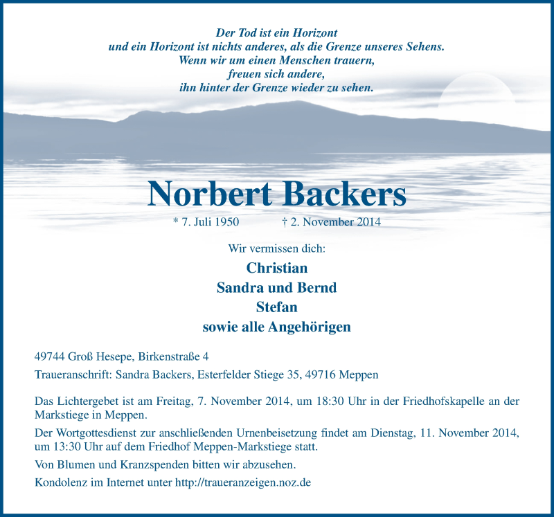  Traueranzeige für Norbert Backers vom 06.11.2014 aus Neue Osnabrücker Zeitung GmbH & Co. KG