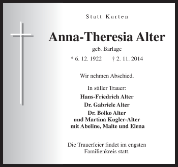 Traueranzeige von Anna-Theresia Alter von Neue Osnabrücker Zeitung GmbH & Co. KG