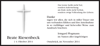 Traueranzeige von Beate Riesenbeck von Neue Osnabrücker Zeitung GmbH & Co. KG