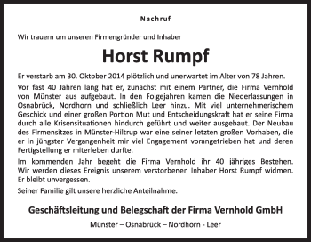 Traueranzeige von Horst Rumpf von Neue Osnabrücker Zeitung GmbH & Co. KG