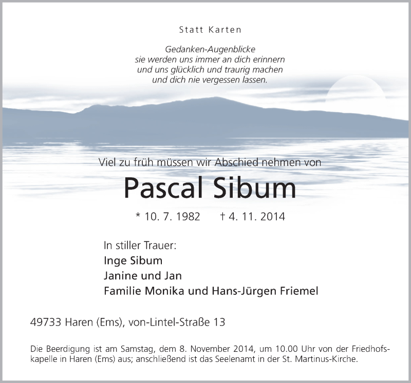  Traueranzeige für Pascal Sibum vom 07.11.2014 aus Neue Osnabrücker Zeitung GmbH & Co. KG