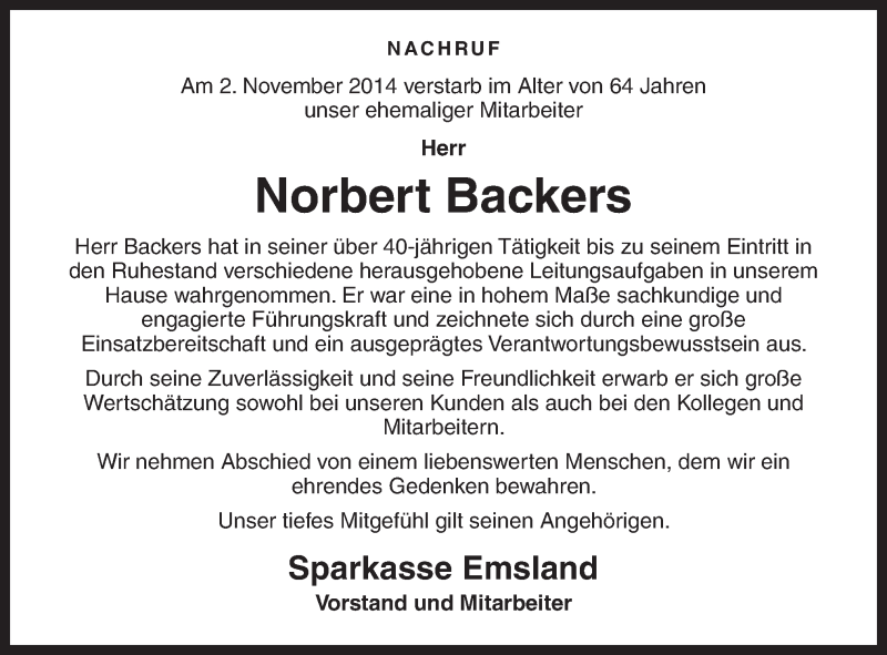  Traueranzeige für Norbert Backers vom 07.11.2014 aus Neue Osnabrücker Zeitung GmbH & Co. KG