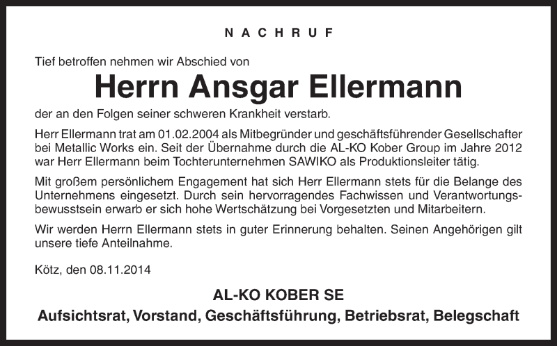 Traueranzeige für Ansgar Ellermann vom 08.11.2014 aus Neue Osnabrücker Zeitung GmbH & Co. KG