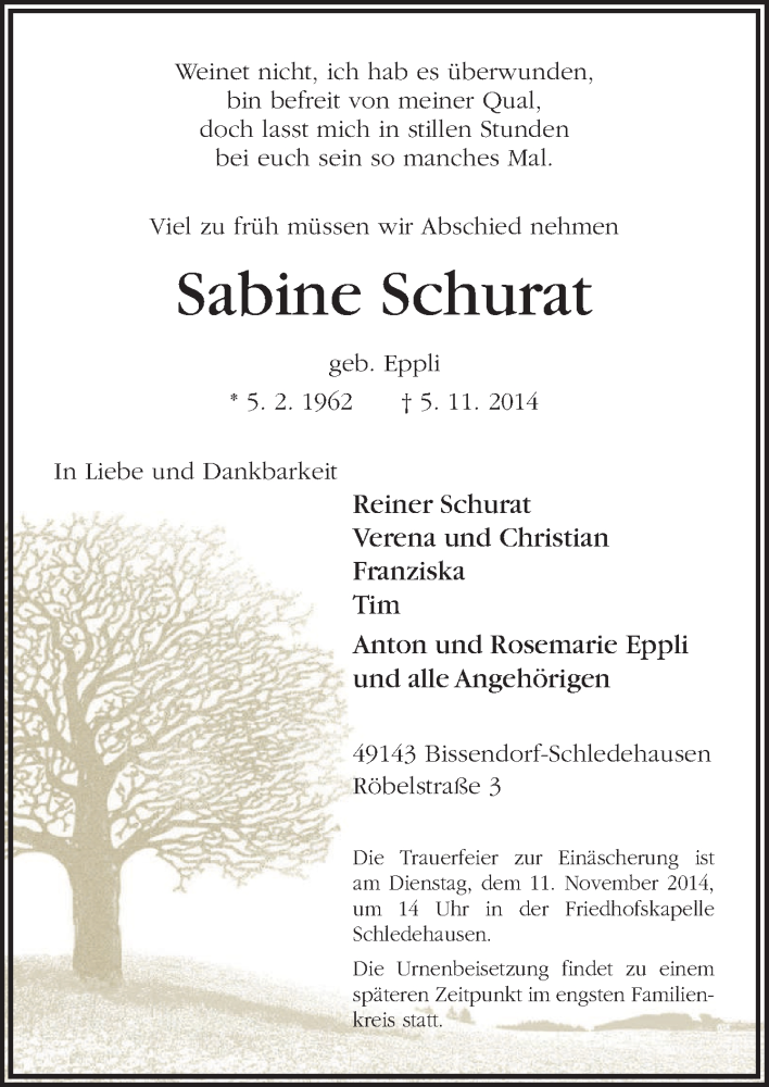  Traueranzeige für Sabine Schurat vom 08.11.2014 aus Neue Osnabrücker Zeitung GmbH & Co. KG