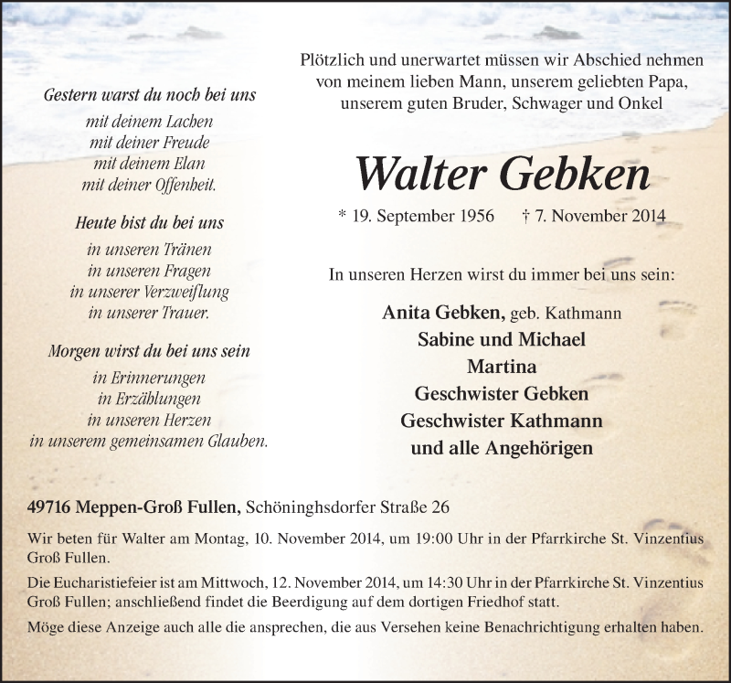  Traueranzeige für Walter Gebken vom 08.11.2014 aus Neue Osnabrücker Zeitung GmbH & Co. KG