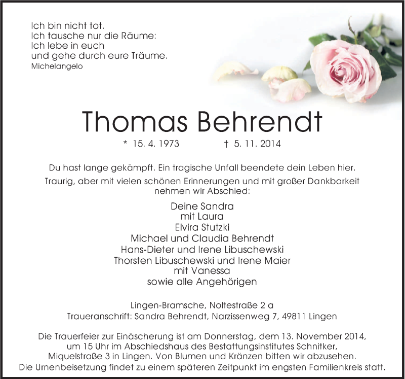  Traueranzeige für Thomas Behrendt vom 10.11.2014 aus Neue Osnabrücker Zeitung GmbH & Co. KG