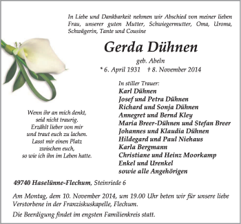 Traueranzeige von Gerda Dühnen von Neue Osnabrücker Zeitung GmbH & Co. KG