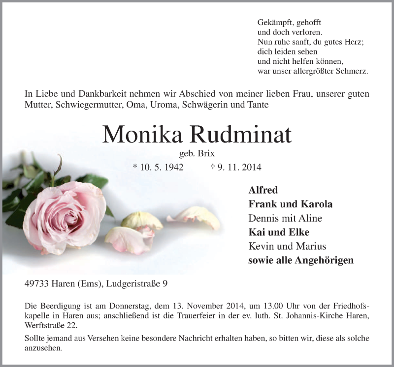  Traueranzeige für Monika Rudminat vom 11.11.2014 aus Neue Osnabrücker Zeitung GmbH & Co. KG