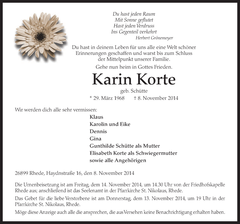  Traueranzeige für Karin Korte vom 11.11.2014 aus Neue Osnabrücker Zeitung GmbH & Co. KG