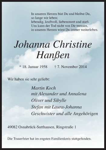 Traueranzeige von Johanna Christine Hanßen von Neue Osnabrücker Zeitung GmbH & Co. KG