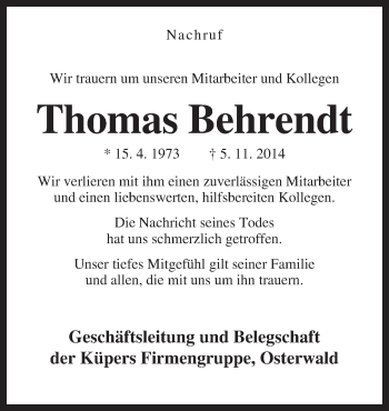 Traueranzeige von Thomas Behrendt von Neue Osnabrücker Zeitung GmbH & Co. KG