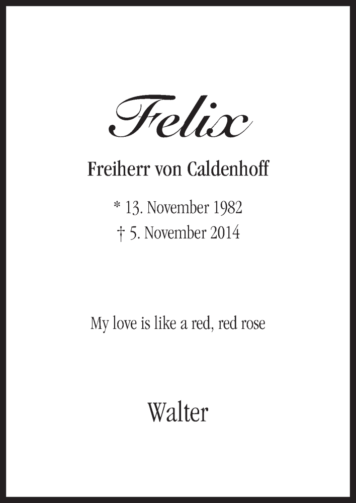  Traueranzeige für Felix Freiherr von Caldenhoff vom 12.11.2014 aus Neue Osnabrücker Zeitung GmbH & Co. KG
