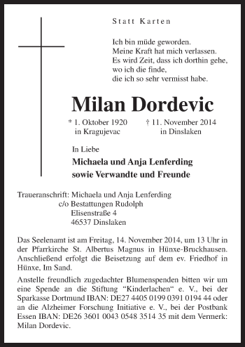 Traueranzeige von Milan Dordevic von Neue Osnabrücker Zeitung GmbH & Co. KG