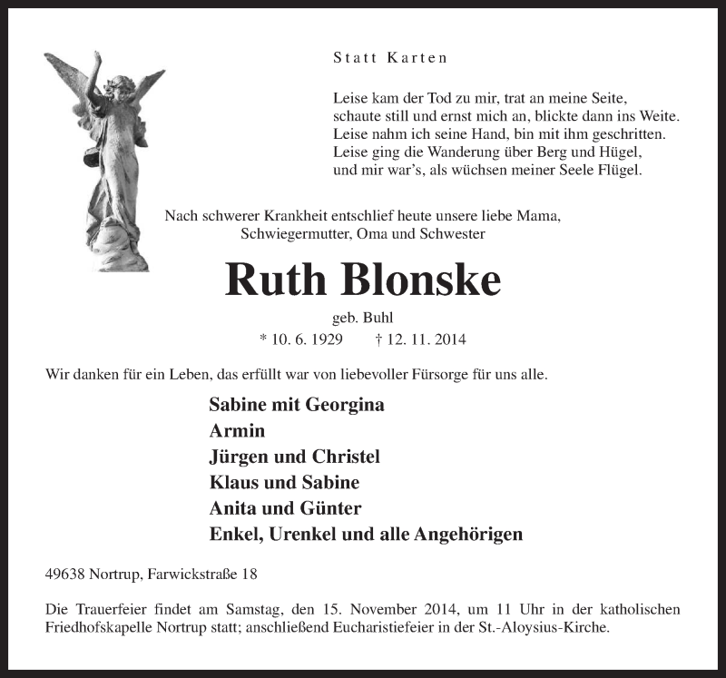  Traueranzeige für Ruth Blonske vom 13.11.2014 aus Neue Osnabrücker Zeitung GmbH & Co. KG