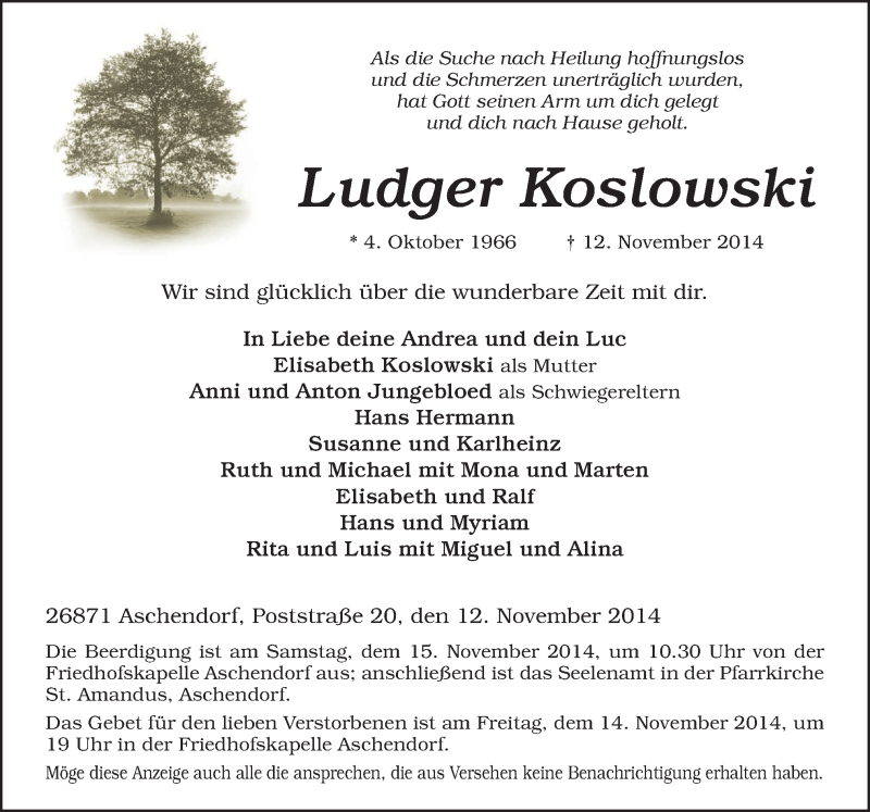  Traueranzeige für Ludger Koslowski vom 14.11.2014 aus Neue Osnabrücker Zeitung GmbH & Co. KG