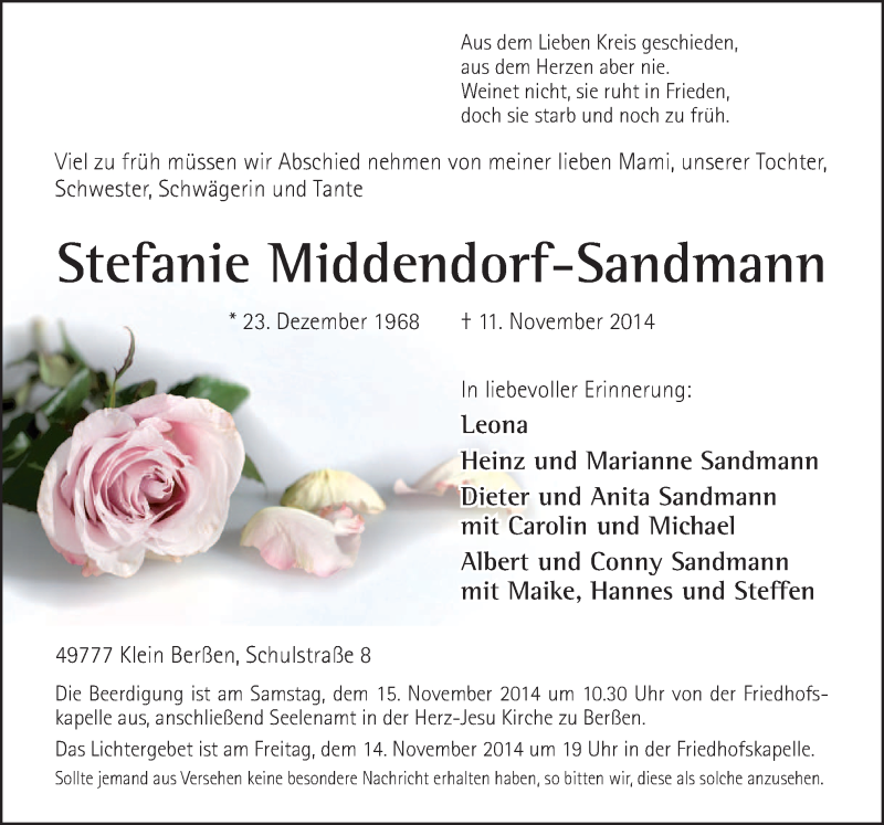  Traueranzeige für Stefanie Middendorf-Sandmann vom 14.11.2014 aus Neue Osnabrücker Zeitung GmbH & Co. KG