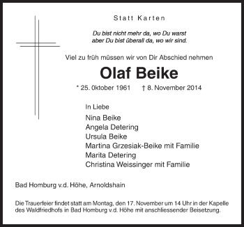 Traueranzeige von Olaf Beike von Neue Osnabrücker Zeitung GmbH & Co. KG